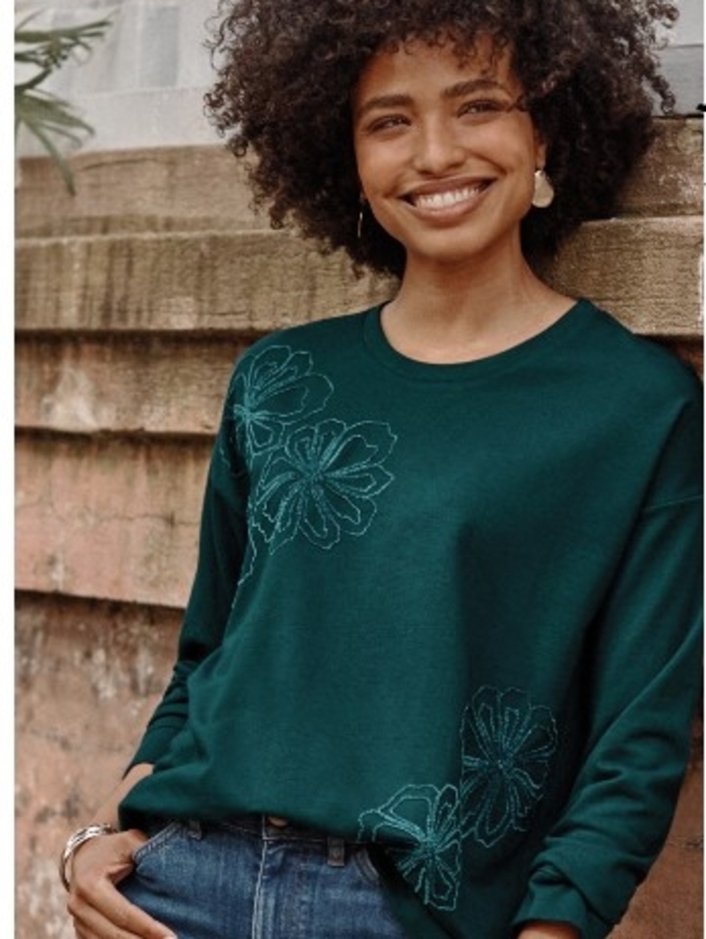 J. Jill Teal Floral Crewneck 4X Cotton/Tencel Sweatshirt